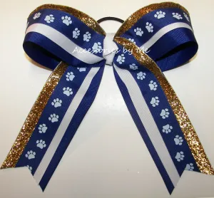 Glitter Paw Print Royal Blue Gold Cheer Bow