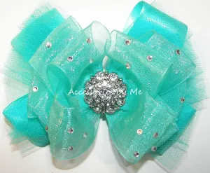 Glitzy Aqua Marine Organza Tutu Hair Bow