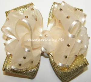 Glitzy Ivory Organza Gold Lame Hair Bow