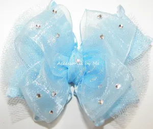 Glitzy Light Blue Organza Ruffle Tutu Hair Bow