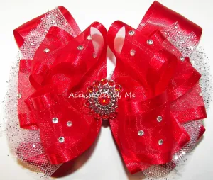 Glitzy Red White Organza Tutu Hair Bow