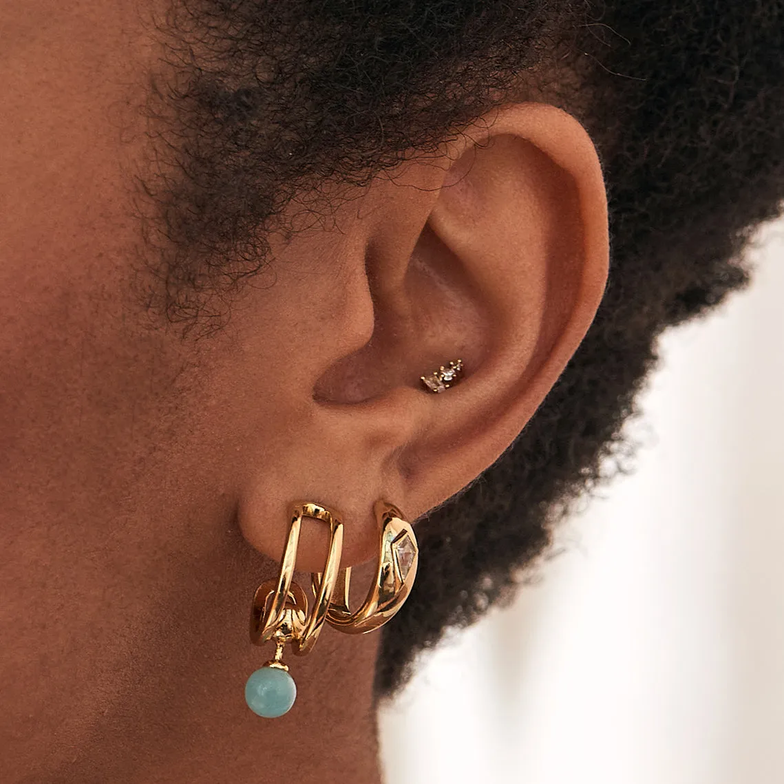 Gold Orb Amazonite Stud Mini Hoop Earrings