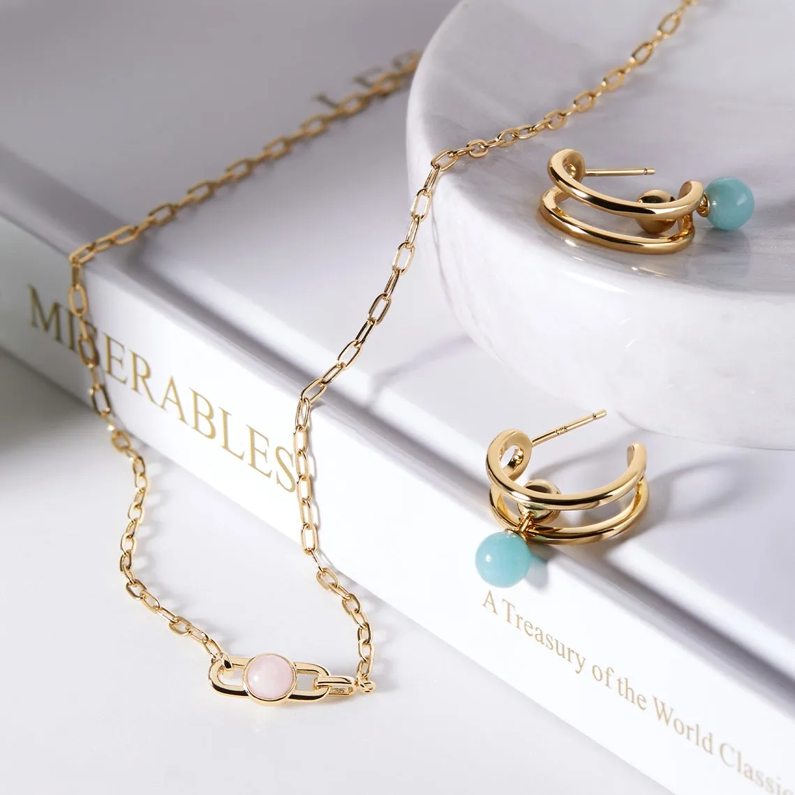 Gold Orb Amazonite Stud Mini Hoop Earrings