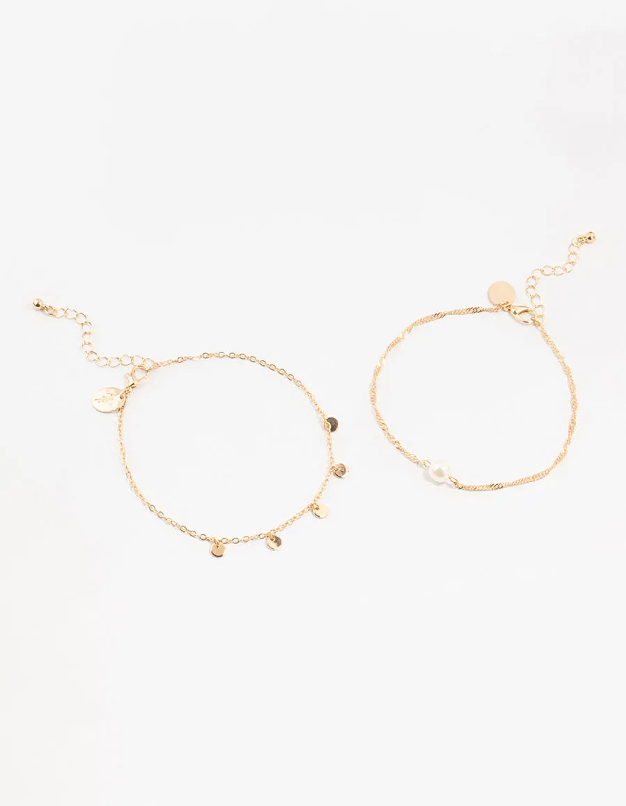 Gold Pearl Disc Pendant Anklets 2-Pack