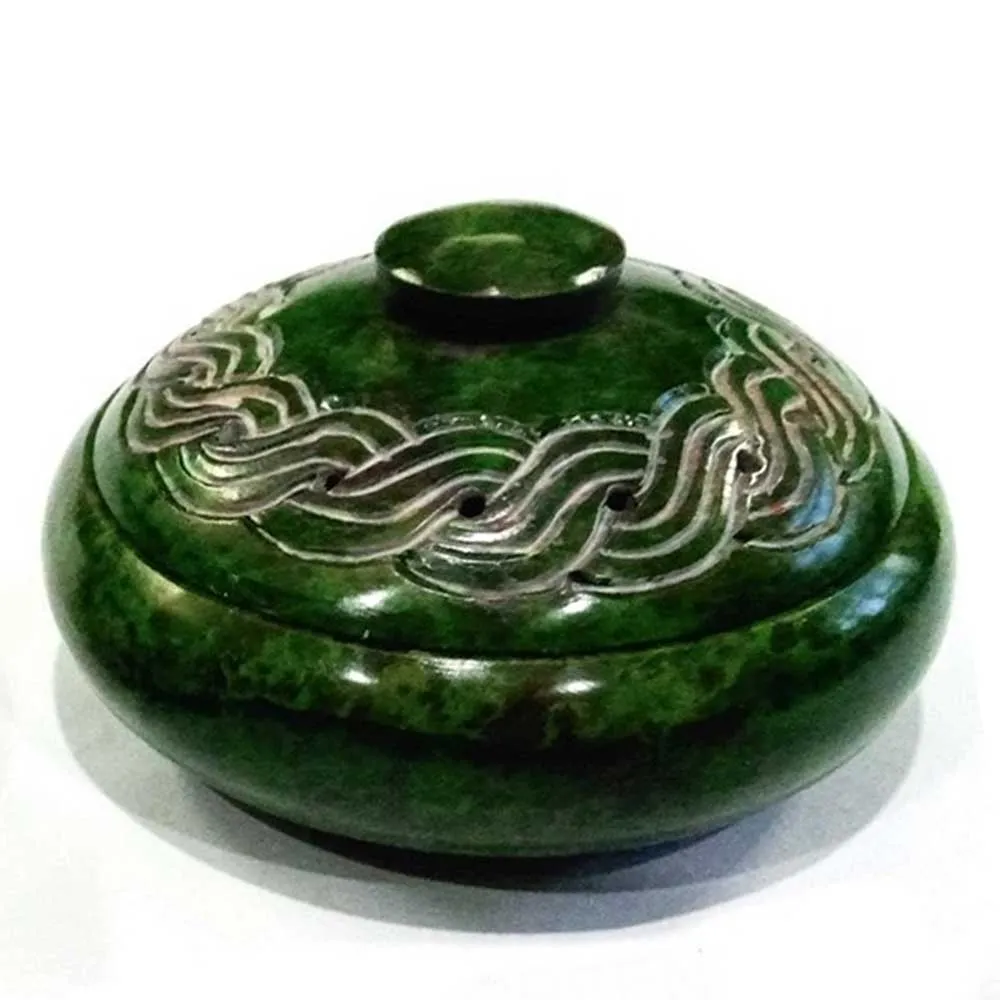 Green Soapstone Charcoal Incense Burner w/ Sand & Coaster