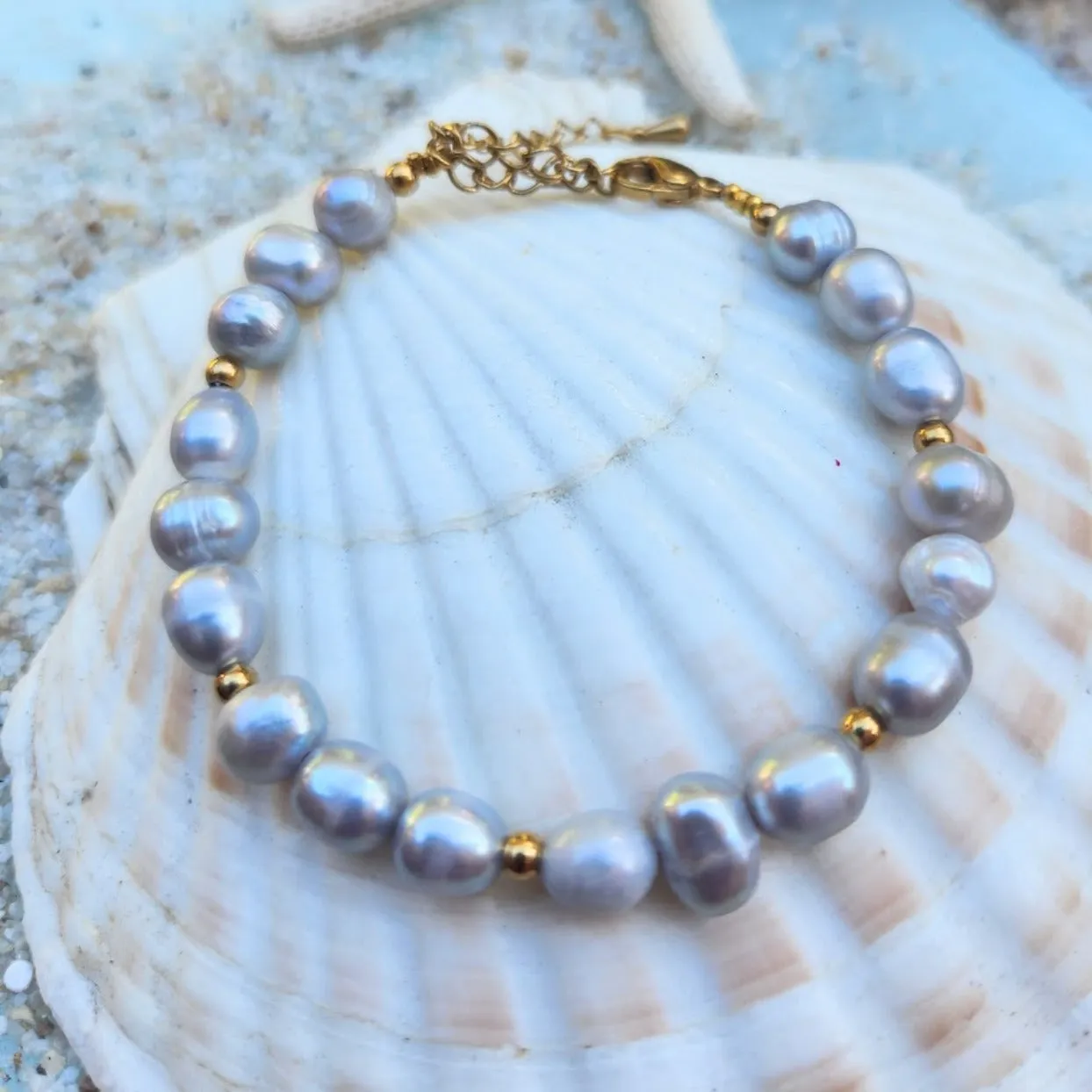 GREY BAROQUE PEARL WATERPROOF 18K GOLD BRACELET