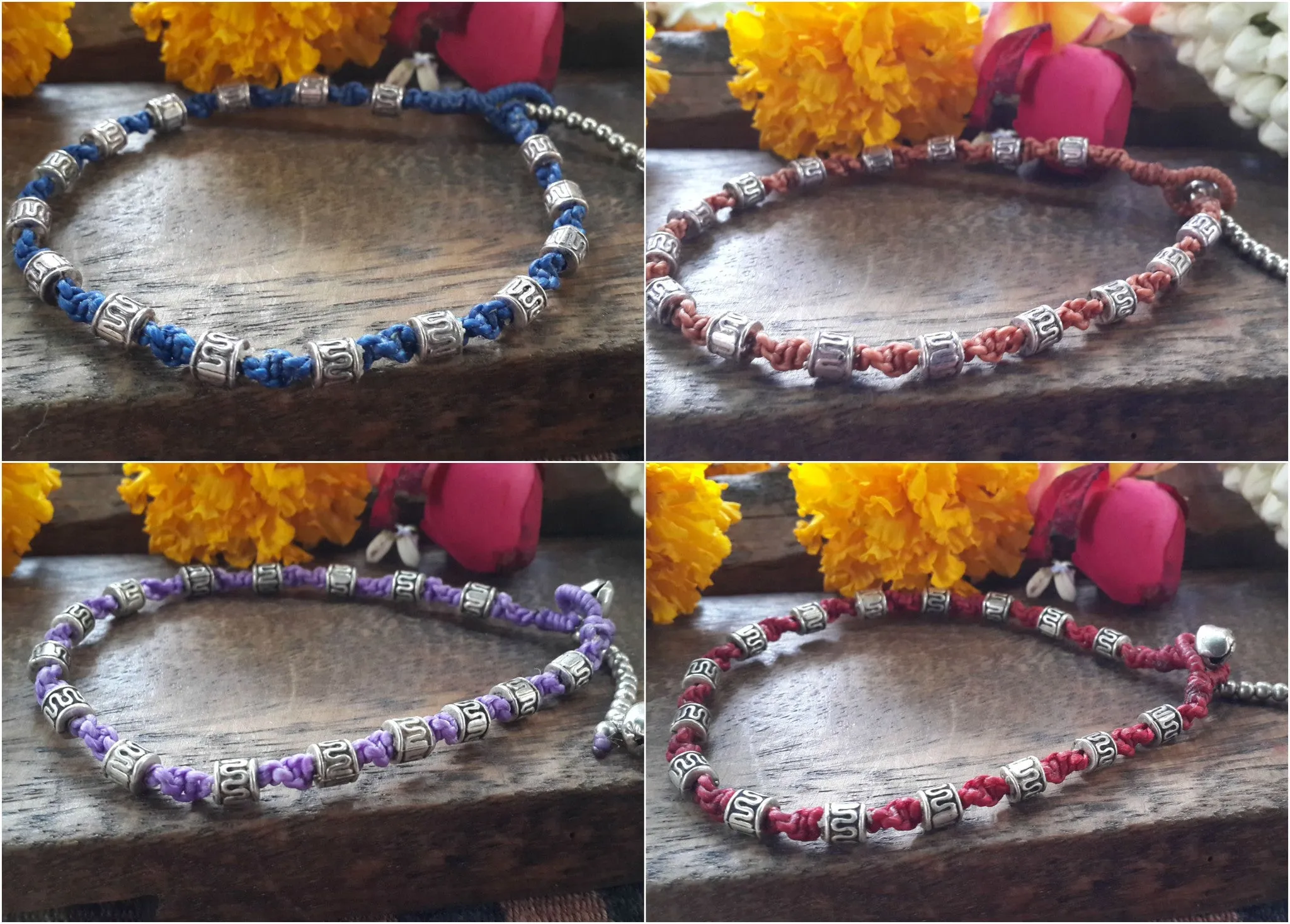 Hand Made Fair Trade Anklet Waxed Cotton Silver Beads Purple