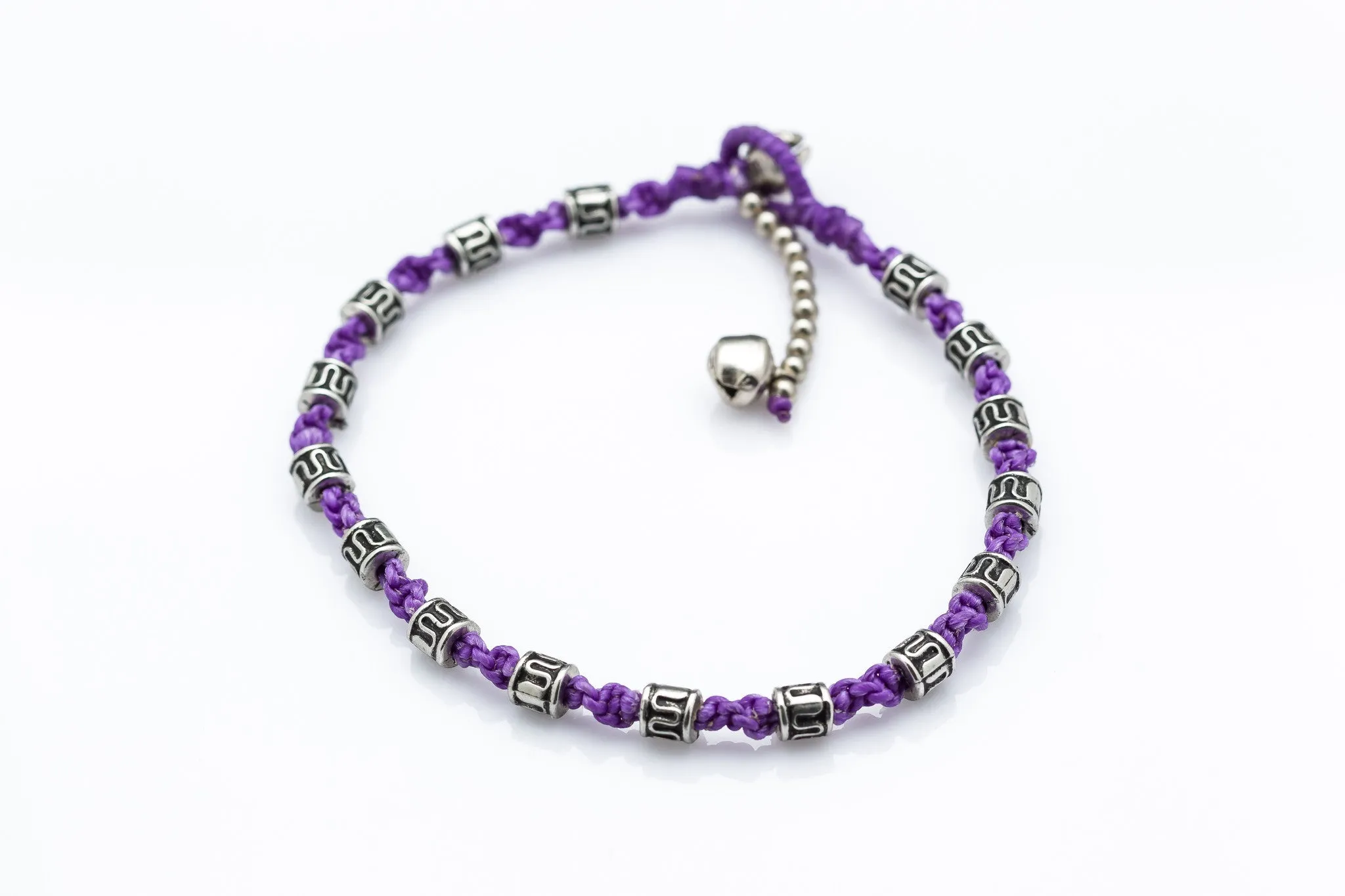 Hand Made Fair Trade Anklet Waxed Cotton Silver Beads Purple