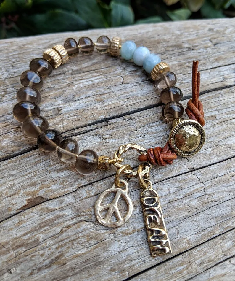 Handmade Smoky Quartz Peace Charm Bracelet