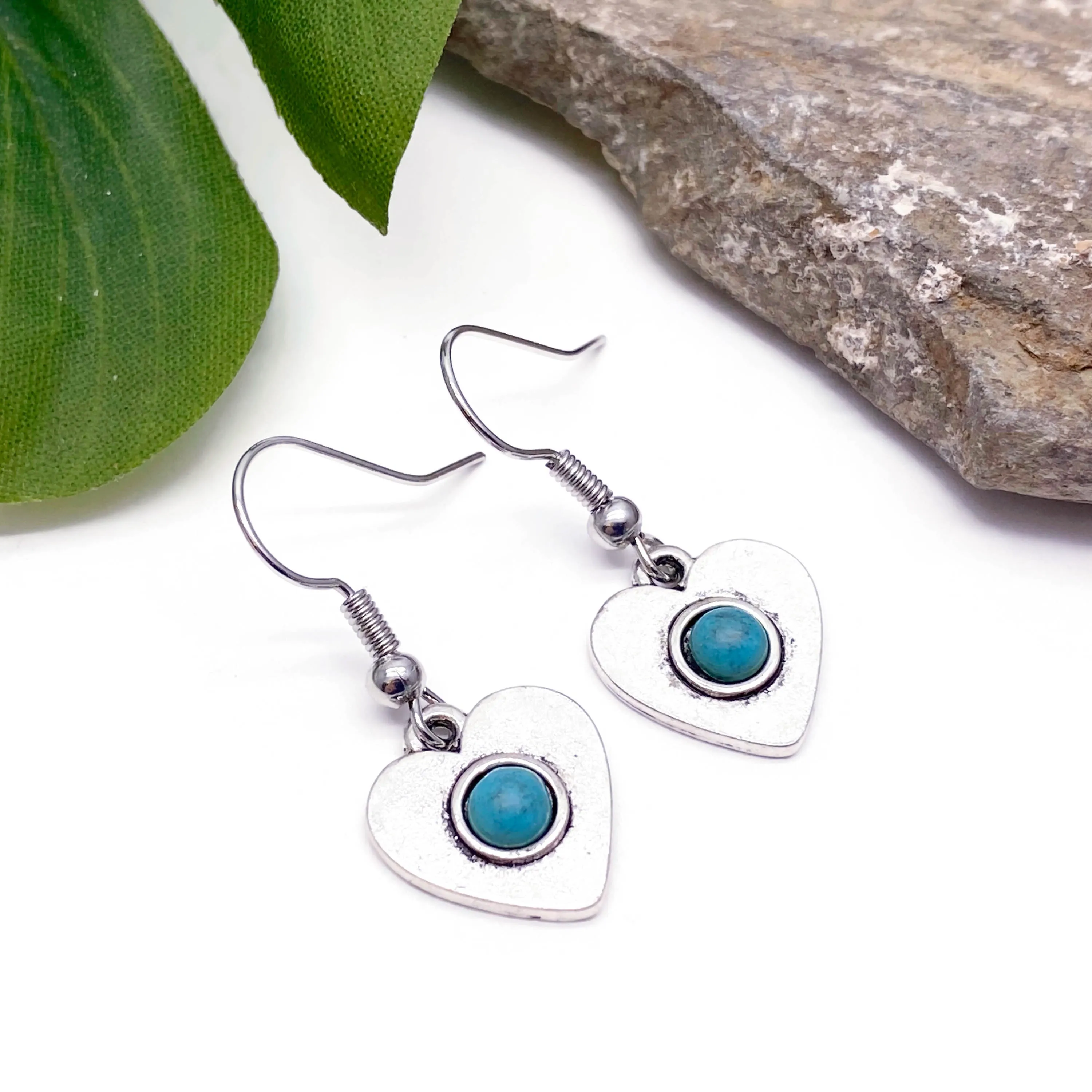 Heart Charm Earrings with Turquoise Stone