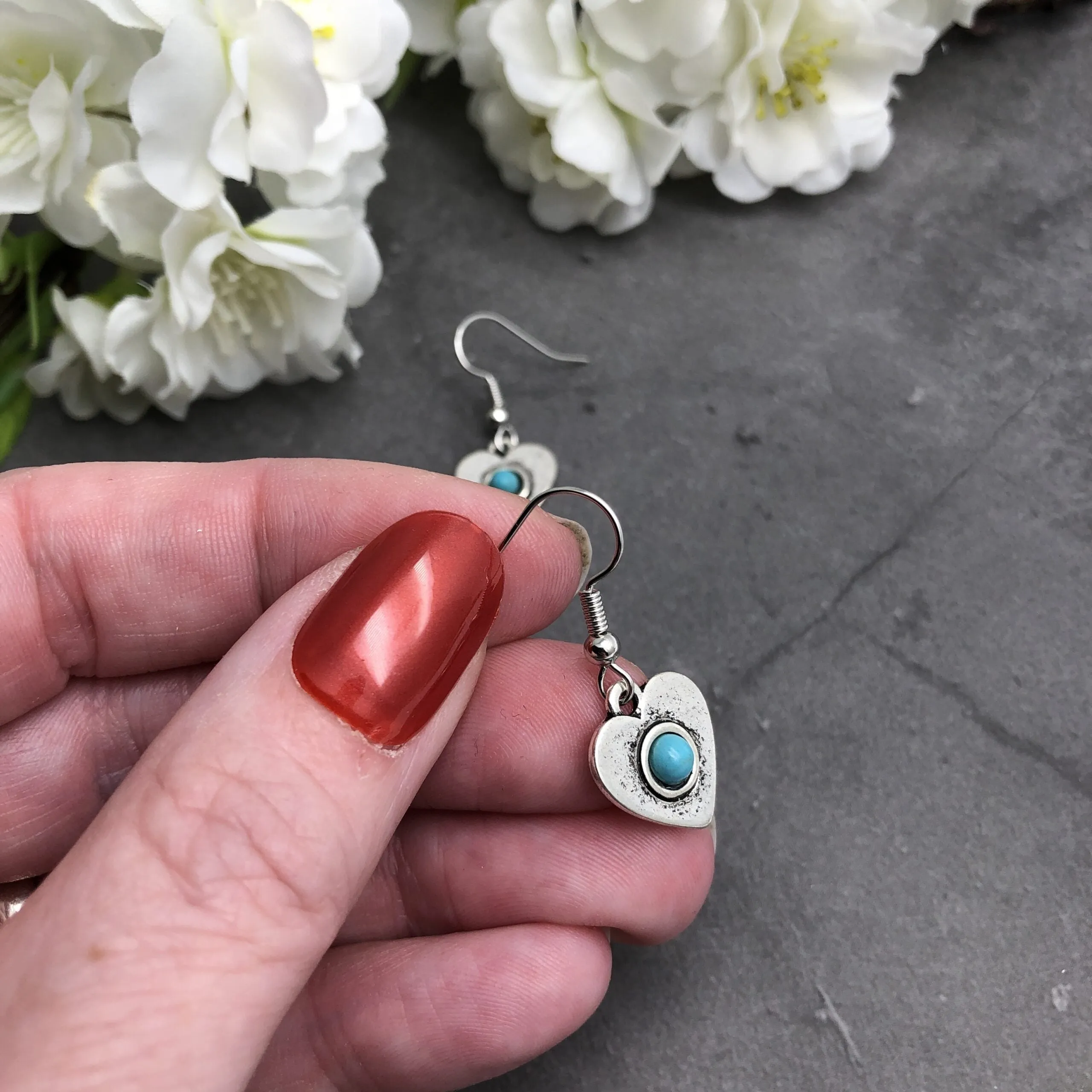 Heart Charm Earrings with Turquoise Stone