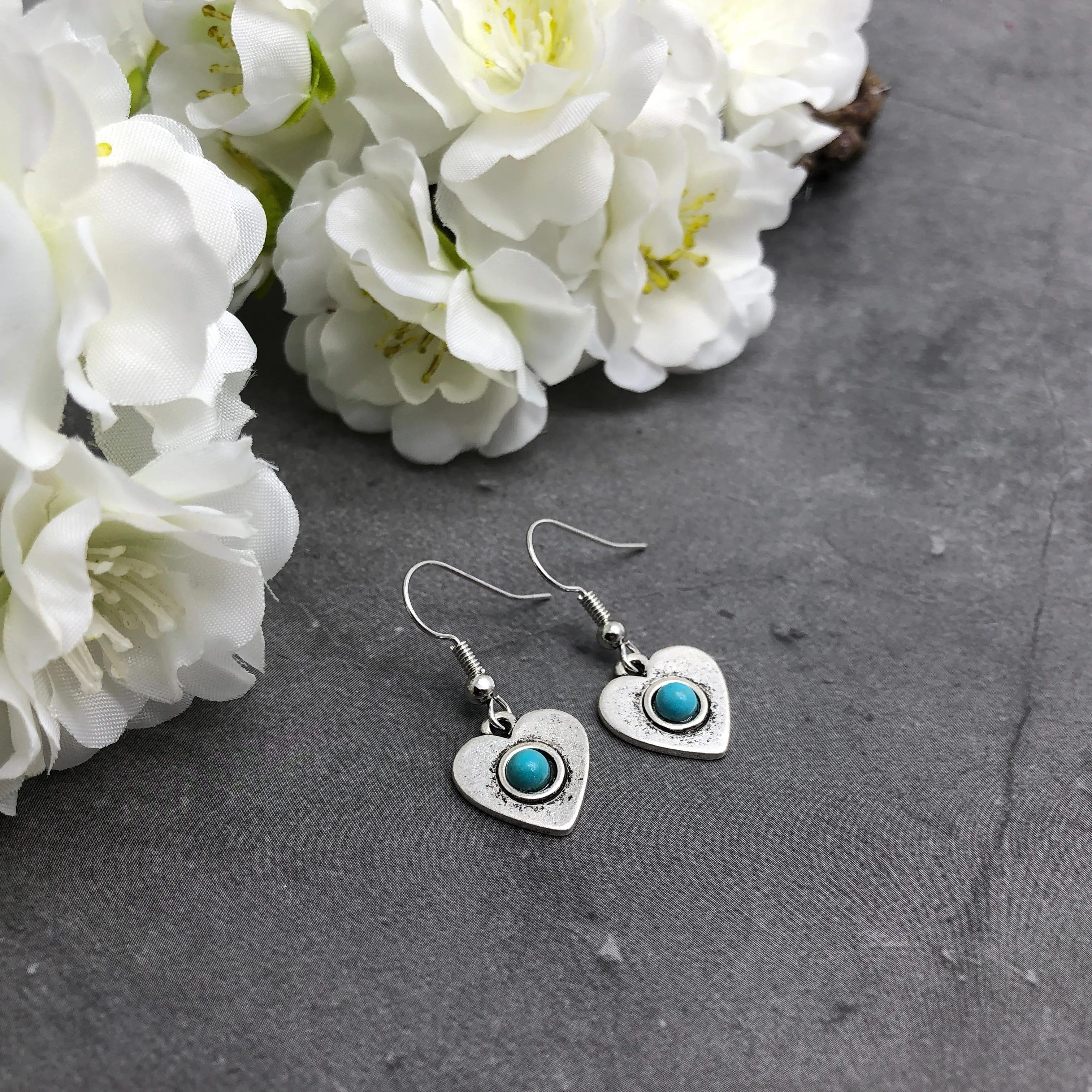 Heart Charm Earrings with Turquoise Stone