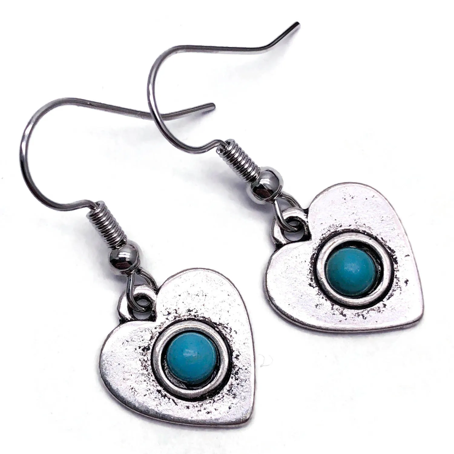 Heart Charm Earrings with Turquoise Stone