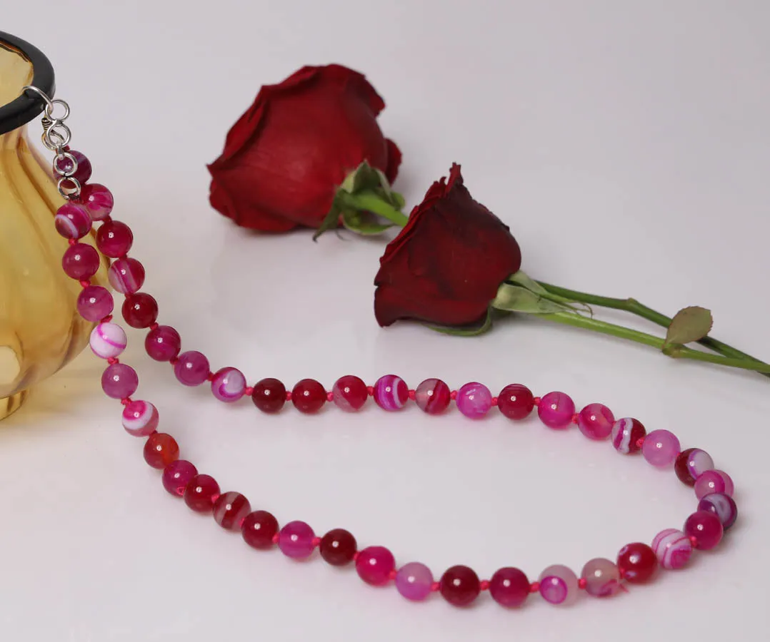 Imeora Knotted Pink 10mm Agate Necklace With Earrings