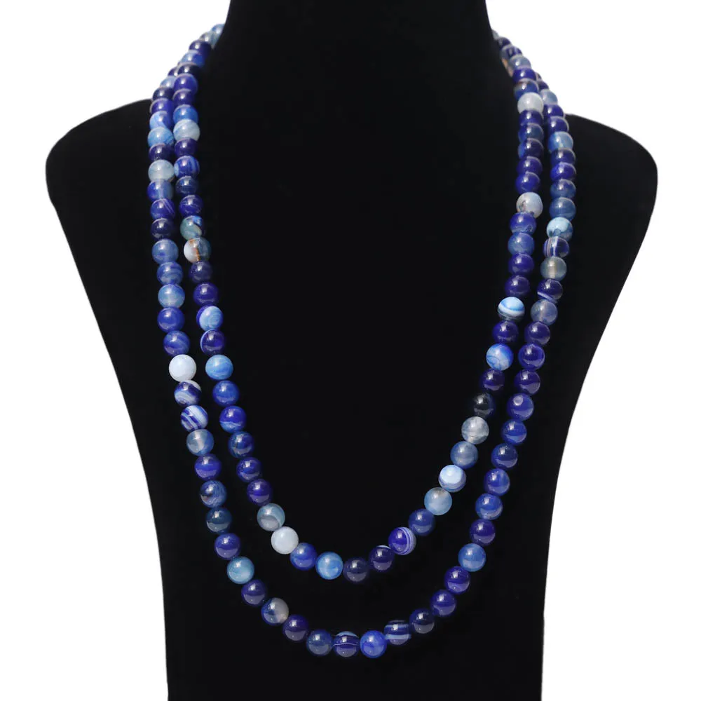 Imeora Multi Royal Blue Agate 8mm Double Line Necklace With 8mm Earrings