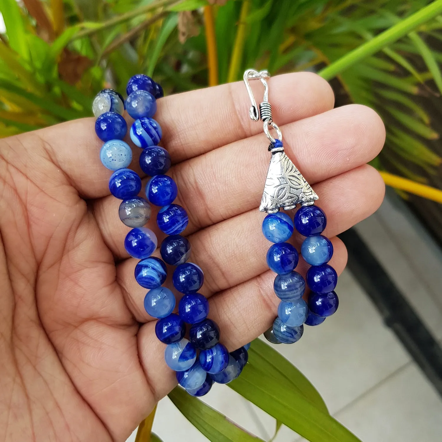 Imeora Multi Royal Blue Agate 8mm Double Line Necklace With 8mm Earrings