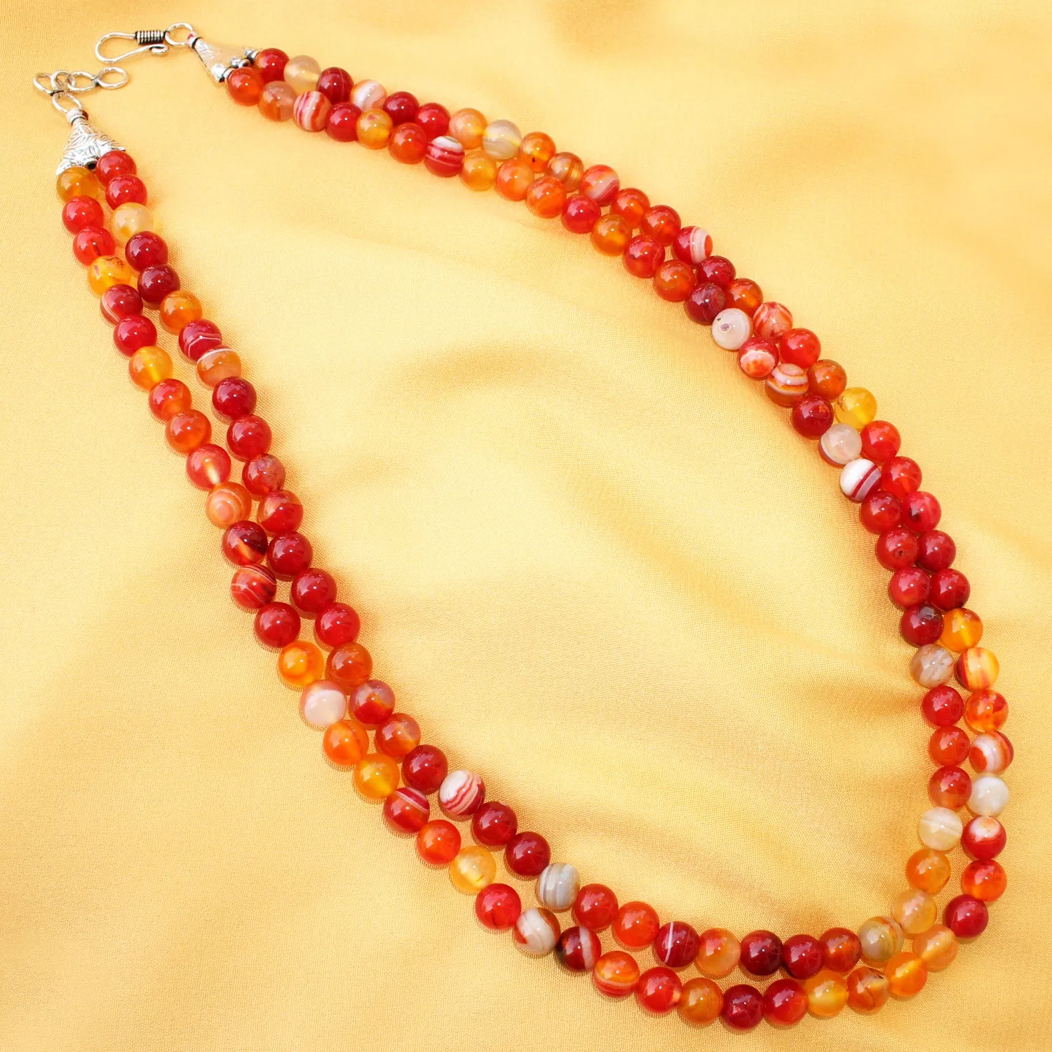 Imeora Orange Agate 8mm Double Line Necklace With 8mm Earrings