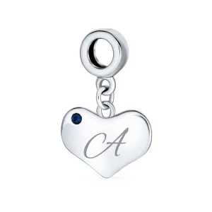 Initial Alphabet Bead Charm A-Z Blue Sapphire Heart Dangle for European Bracelet