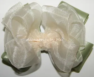 Ivory Sage Green Organza Satin Hair Bow