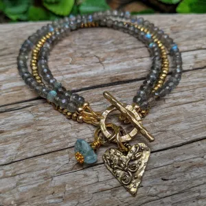 Labradorite Multi Strand Bracelet with Heart Charm