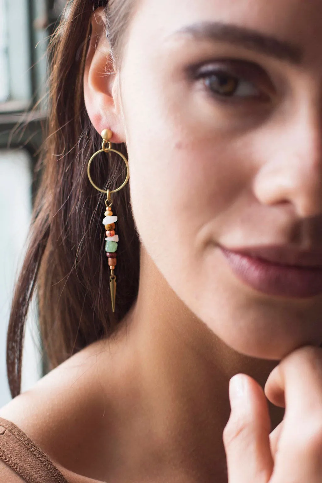 Long Beaded Spike Dangle Earrings - A Beachy Mix of Rose Quartz & Aventurine Gemstones With Purple and Copper Beads and Solid Brass Spike