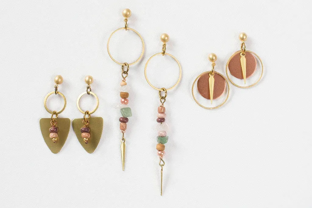 Long Beaded Spike Dangle Earrings - A Beachy Mix of Rose Quartz & Aventurine Gemstones With Purple and Copper Beads and Solid Brass Spike