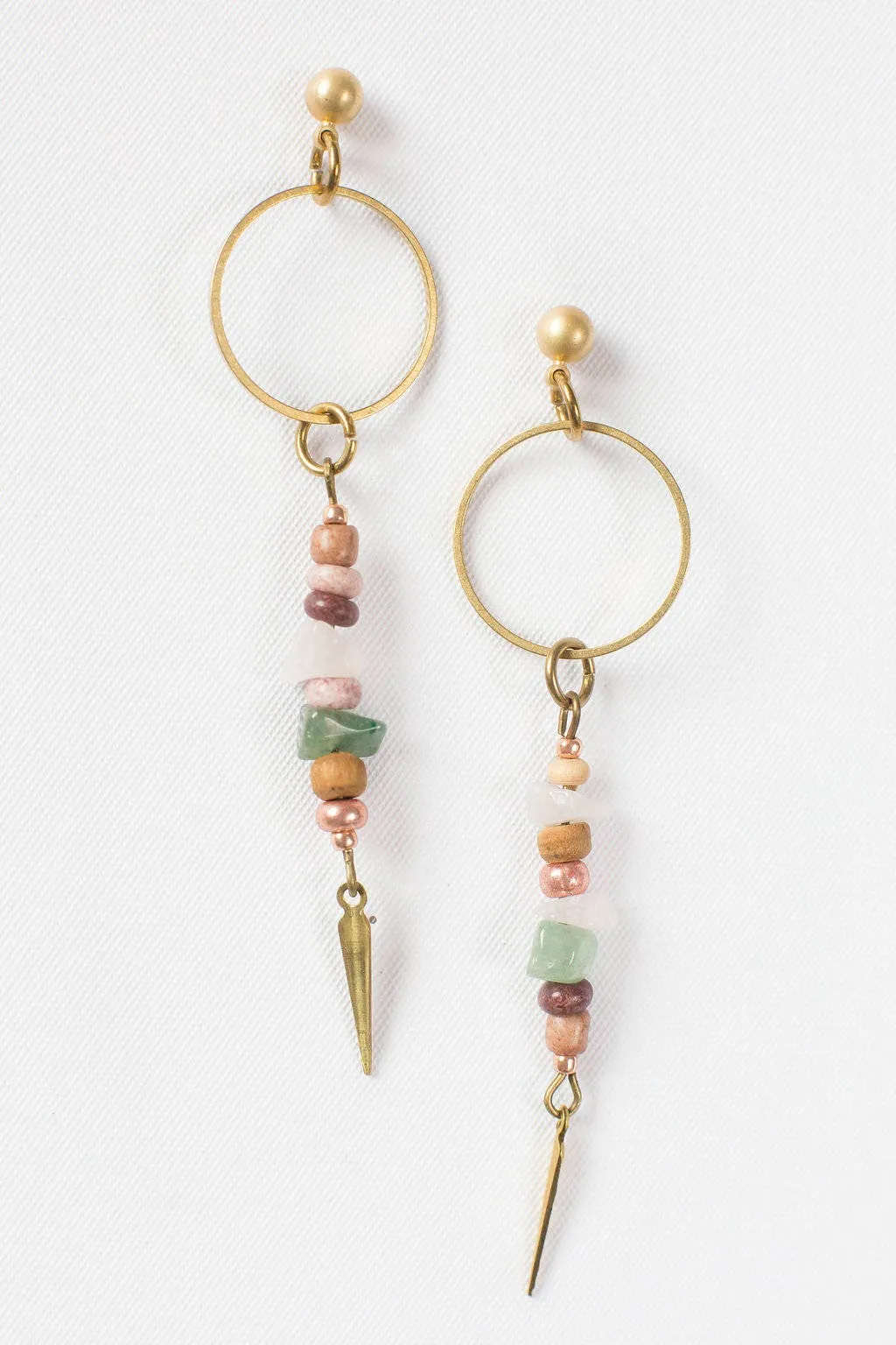 Long Beaded Spike Dangle Earrings - A Beachy Mix of Rose Quartz & Aventurine Gemstones With Purple and Copper Beads and Solid Brass Spike