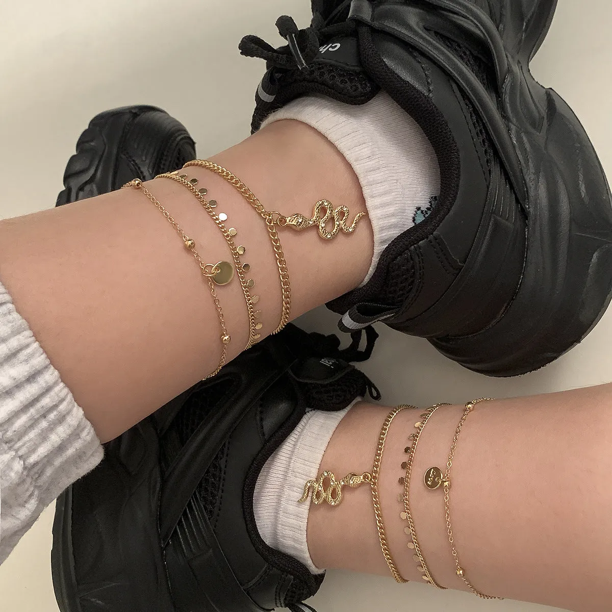 Metal Dragon-shaped Tag Geometric Set Anklet