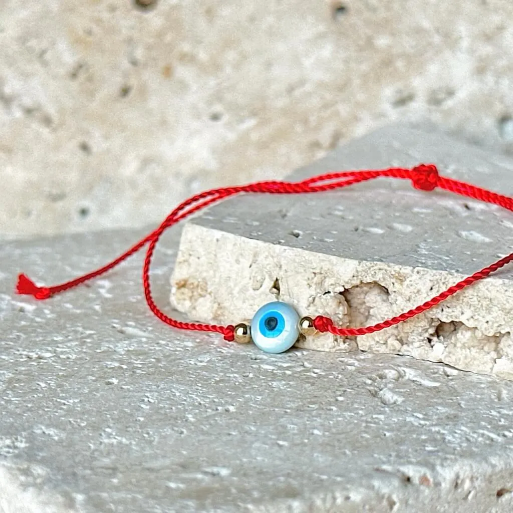 Mother of Pearl Evil Eye Red Cord 14k Solid Gold Beads Bracelet - Protective Elegance