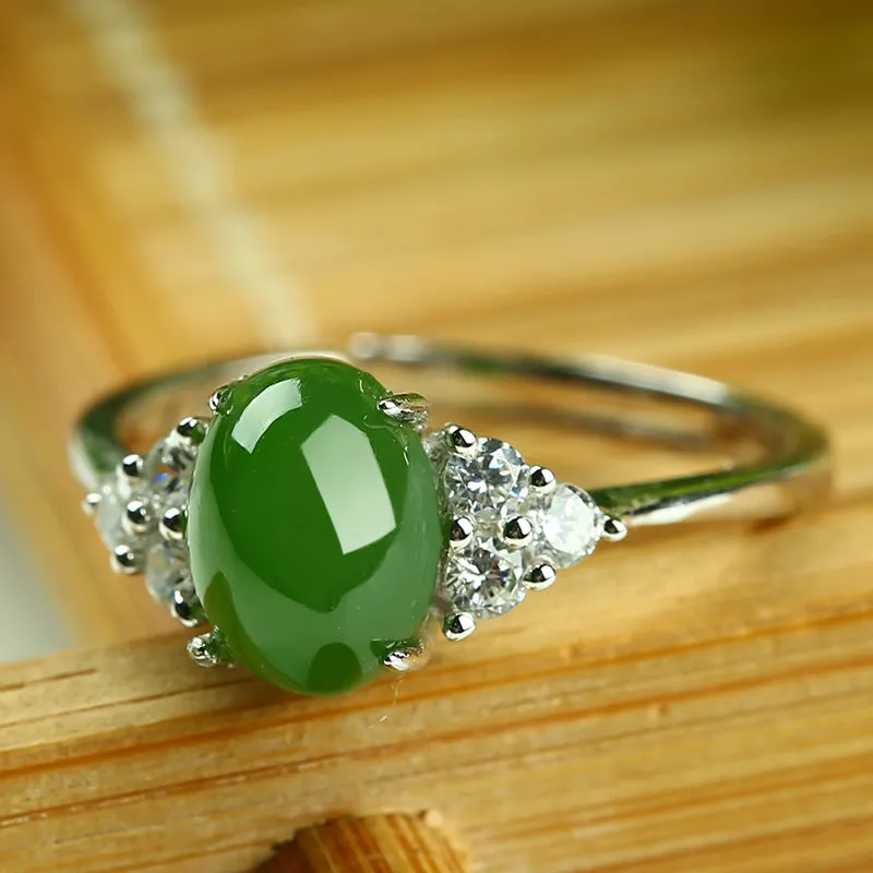 Natural Jade Ring Nephrite Silver Adjustable Ring WR13