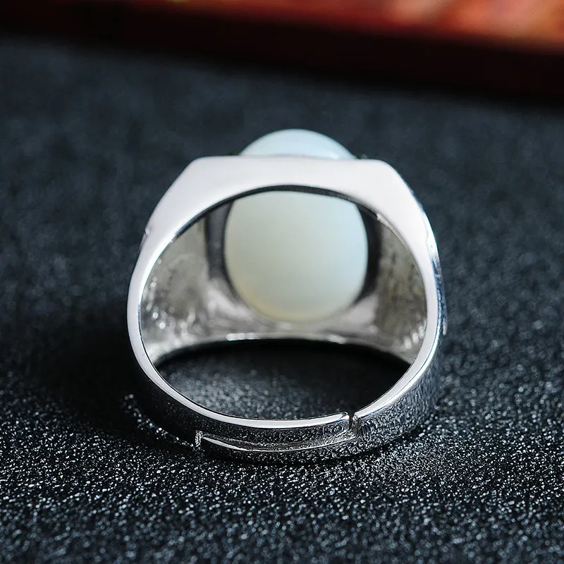 Natural Jade Ring Nephrite Silver Adjustable Ring WR18