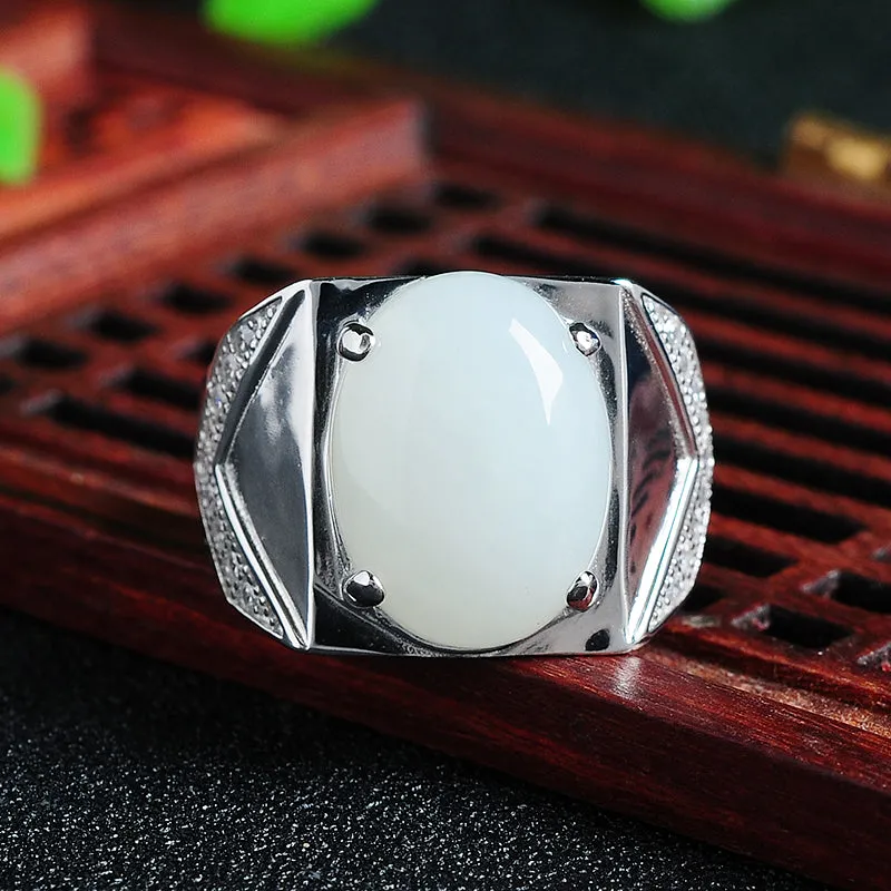 Natural Jade Ring Nephrite Silver Adjustable Ring WR18