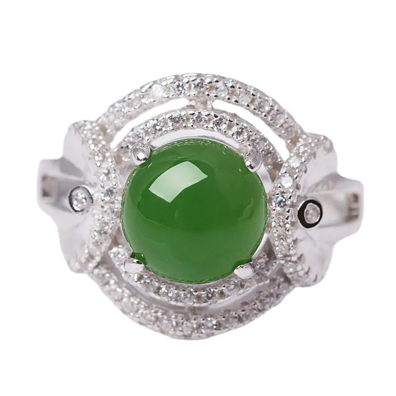 Natural Jade Ring Nephrite Silver Zircon Adjustable Ring ZNRG116