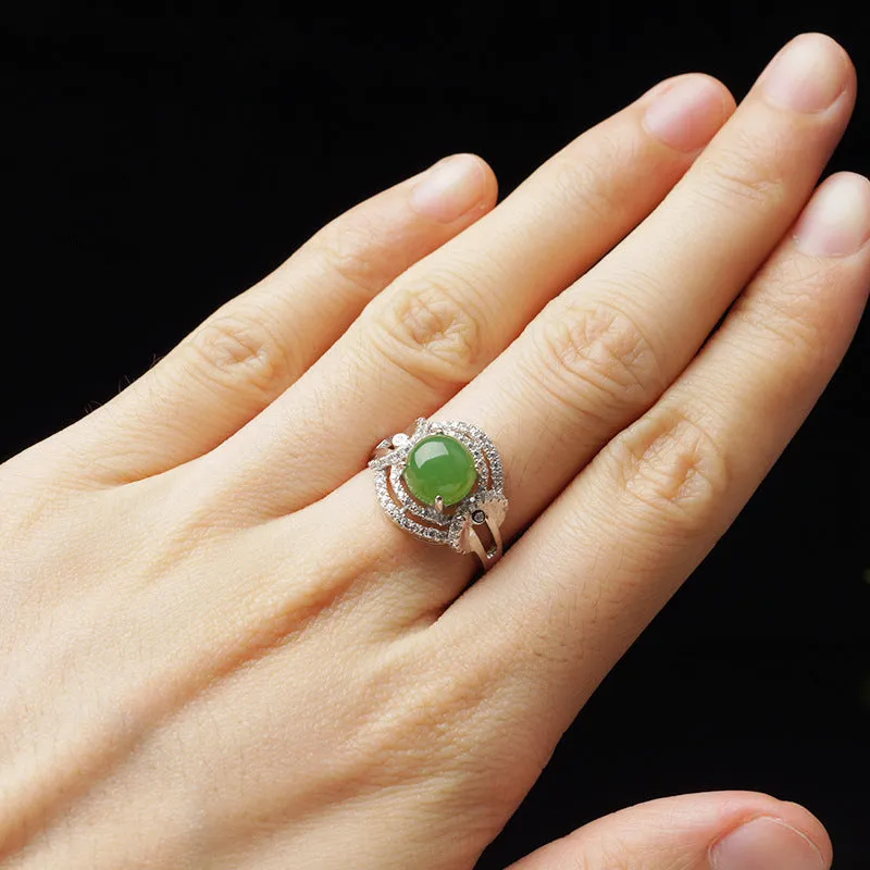 Natural Jade Ring Nephrite Silver Zircon Adjustable Ring ZNRG116