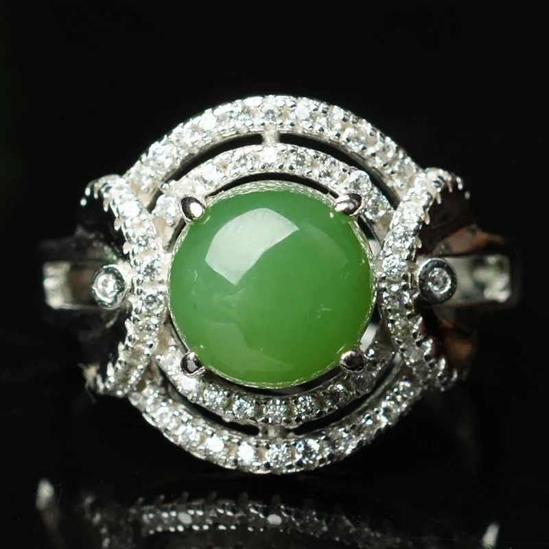 Natural Jade Ring Nephrite Silver Zircon Adjustable Ring ZNRG116