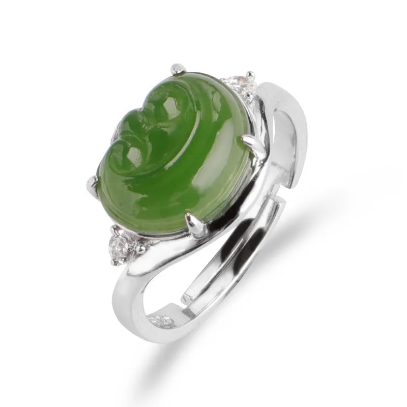 Natural Jade Ruyi Ring Nephrite Silver Zircon Adjustable Ring ZNRG147