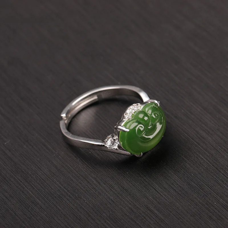 Natural Jade Ruyi Ring Nephrite Silver Zircon Adjustable Ring ZNRG147