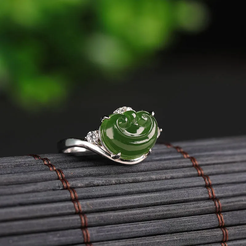 Natural Jade Ruyi Ring Nephrite Silver Zircon Adjustable Ring ZNRG147