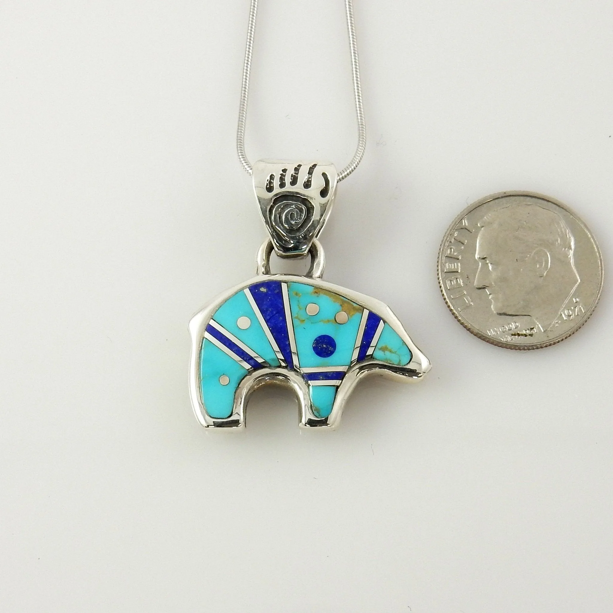 One of a Kind Sterling Silver Turquoise Lapis Bear Pendant