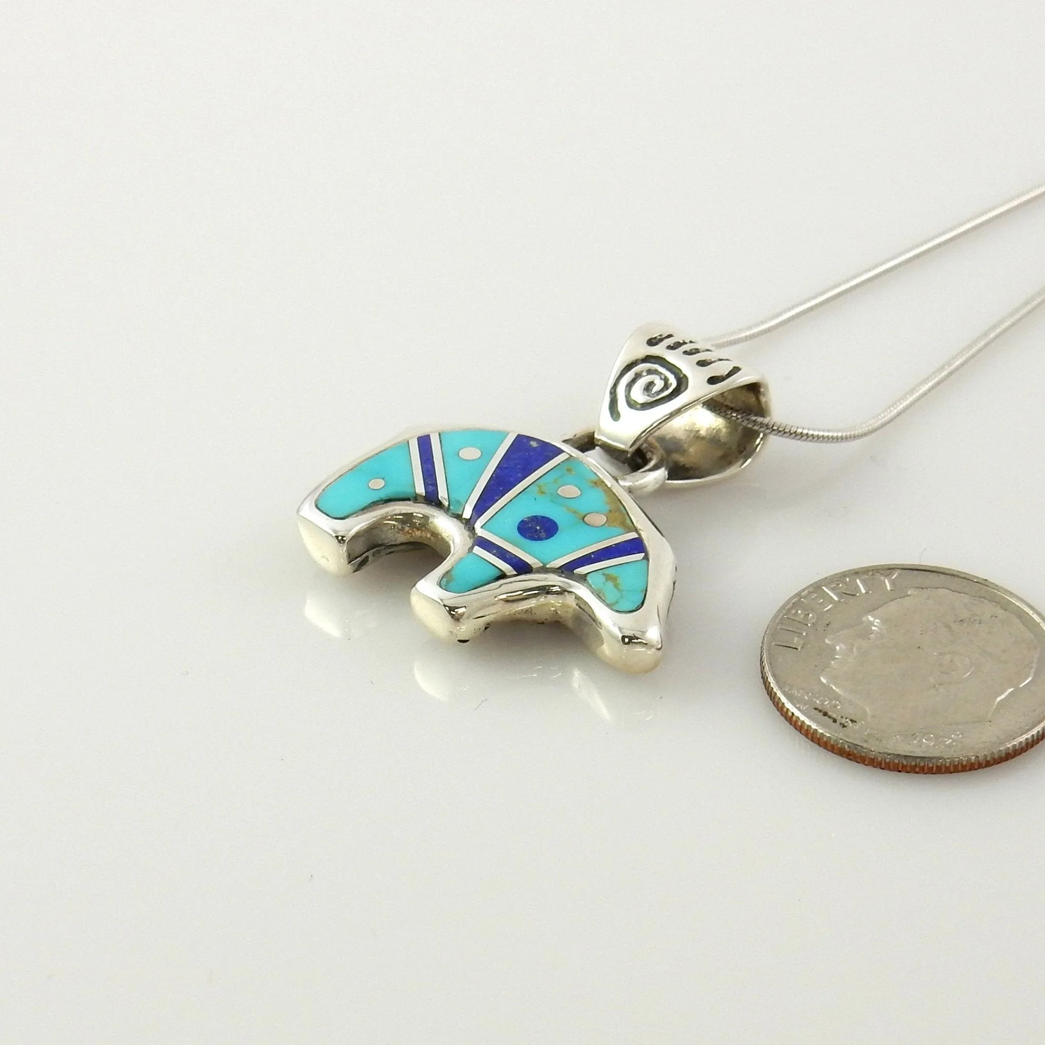 One of a Kind Sterling Silver Turquoise Lapis Bear Pendant