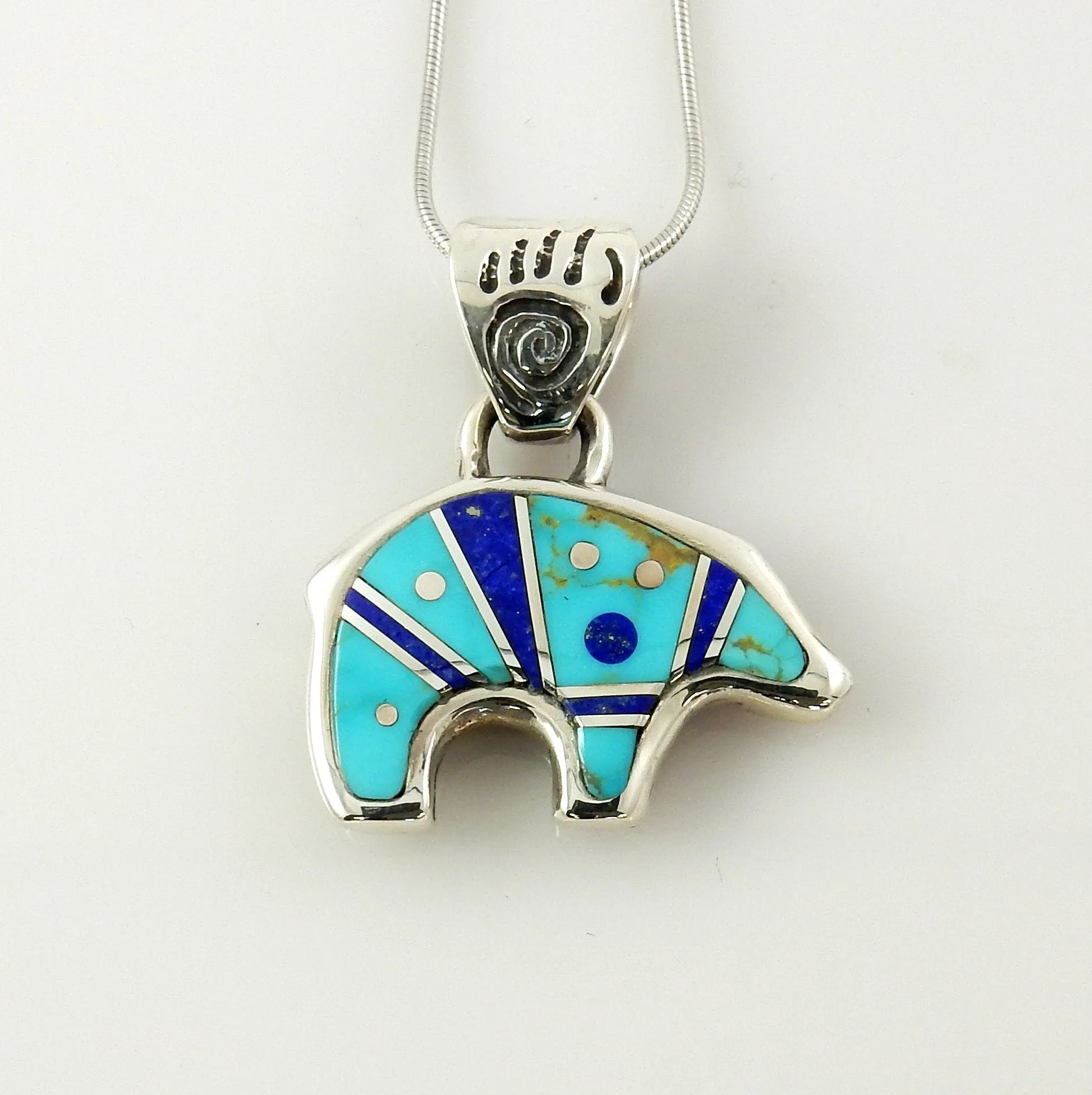 One of a Kind Sterling Silver Turquoise Lapis Bear Pendant