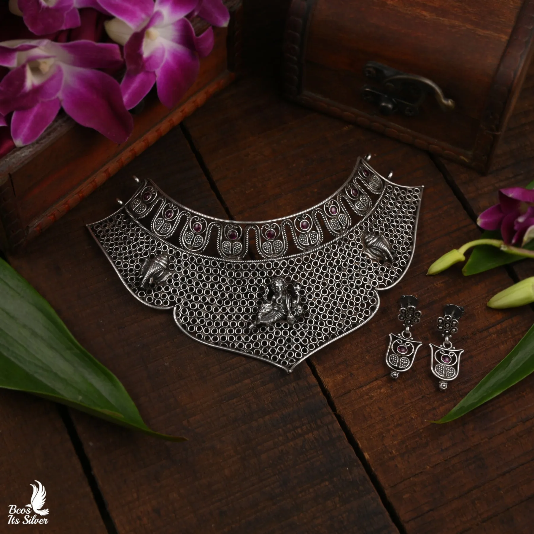 OXIDIZED GANESHA CHOKER WITH EARRING - 4700