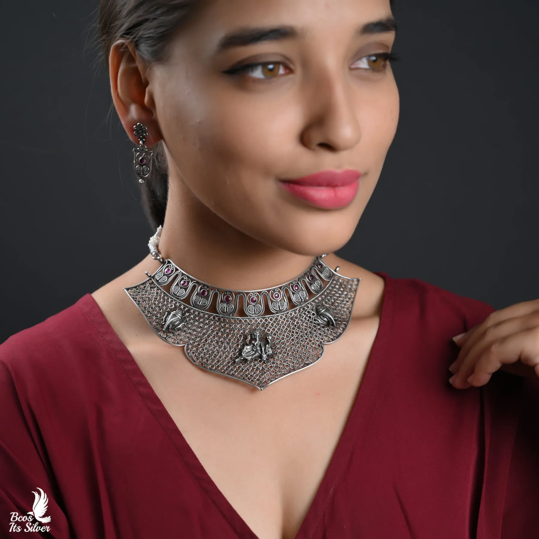 OXIDIZED GANESHA CHOKER WITH EARRING - 4700