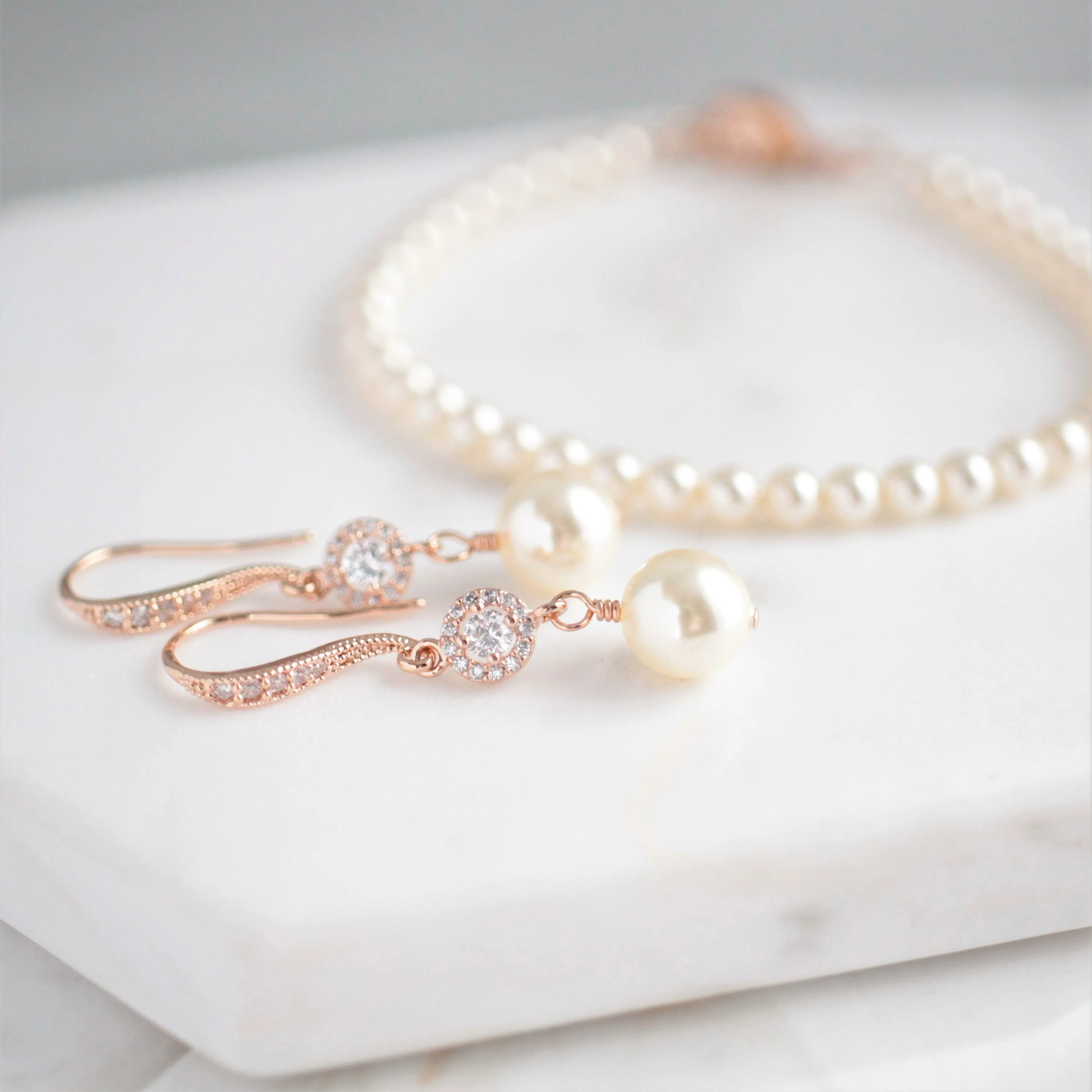 Pearl & Rose Gold Dangle Earring & Bracelet Set