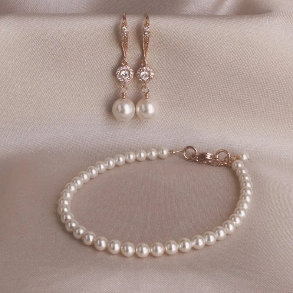 Pearl & Rose Gold Dangle Earring & Bracelet Set