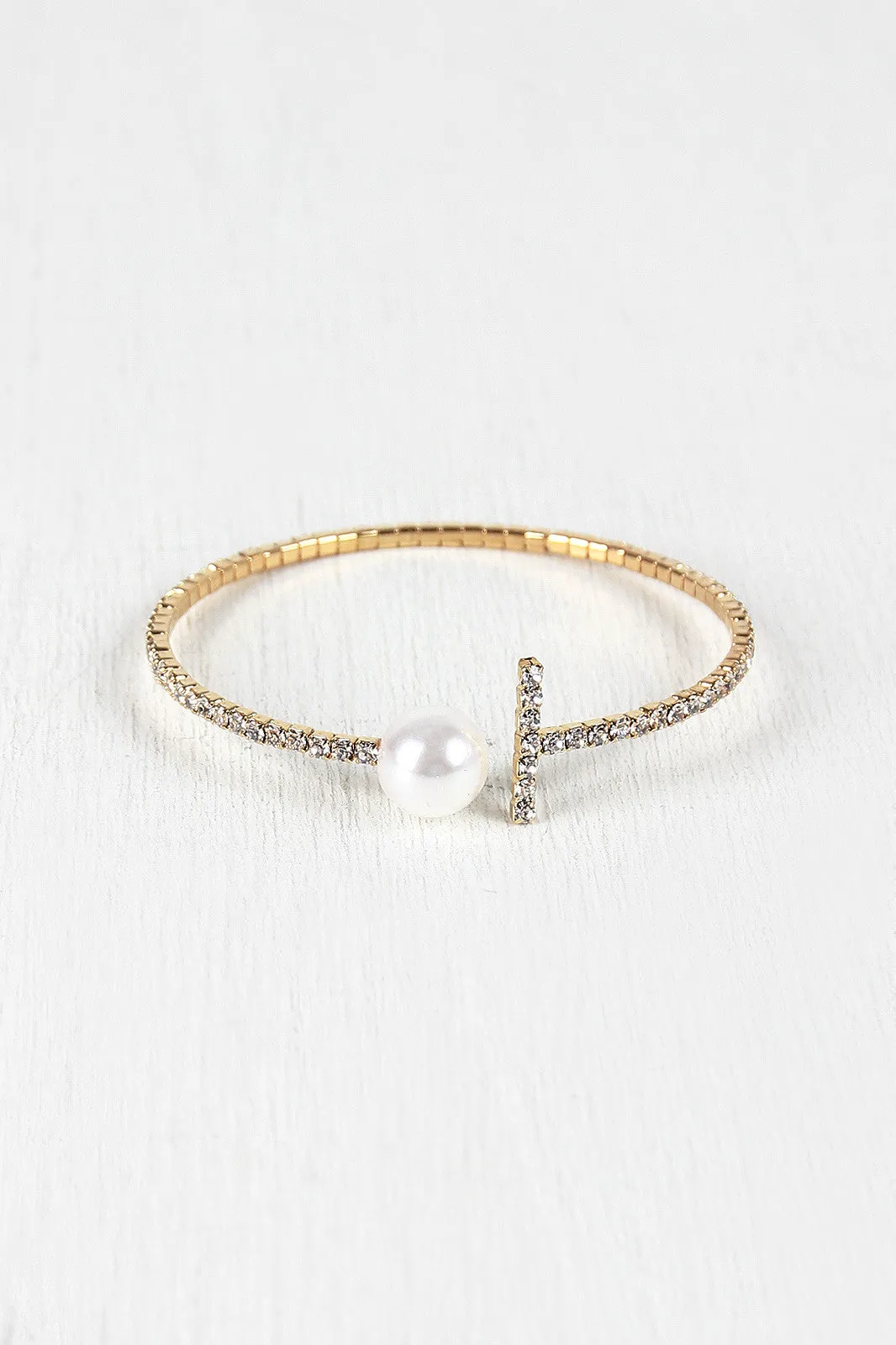 Rhinestone T Pearl Wire Cuff Bracelet