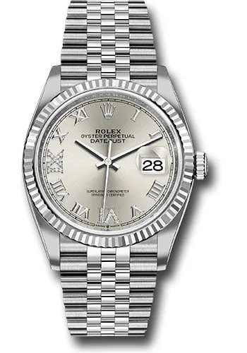 Rolex Steel Datejust 36 Watch - Fluted Bezel - Silver Diamond Roman VI and IX Dial - Jubilee Bracelet - 126234 sdr69j