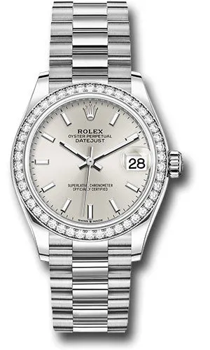 Rolex White Gold Datejust 31 Watch - Diamond Bezel - Silver Index Dial - President Bracelet 278289rbr sip