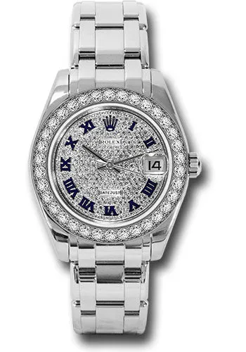 Rolex White Gold Datejust Pearlmaster 34 Watch - 34 Diamond Bezel - Diamond Paved Roman Dial - 81299 dpr