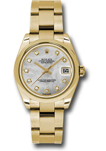 Rolex Yellow Gold Datejust 31 Watch - Domed Bezel - White Mother-Of-Pearl Diamond Dial - Oyster Bracelet 178248 mdo